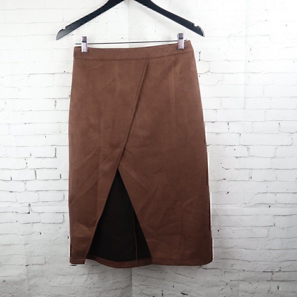 SHEIN BROWN FAUX SUEDE STRETCHY OFFICE BUSINESS SKIRT WITH FRONT SLIT OPENING